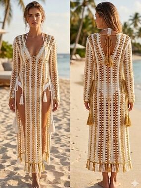 Nova Swim Boho Crochet Knit Maxi Beach Cover-Up/ Tan & Cream Tassel Duster